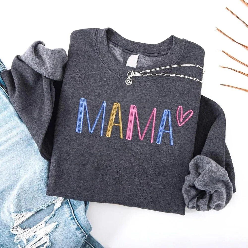 GODMERCH Women's Embroidered Mama Sweatshirt Mothers Day Gifts Mom Crewneck L